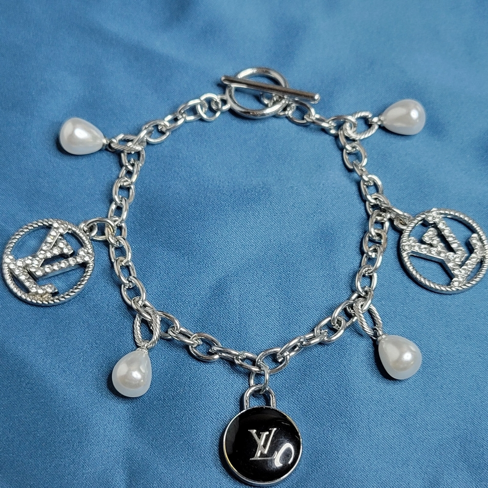 Louis Vuitton Silver Zipper Pulls, Pearl Toggle Charm Bracelet, Custom Sizes